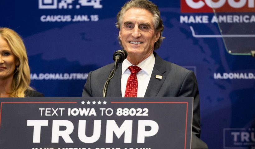 North Dakota Governor Doug Burgum speaks during a "commit to caucus rally" in Indianola, Iowa, on January 14, 2024. (Photo by Christian MONTERROSA / AFP) (Photo by CHRISTIAN MONTERROSA/AFP via Getty Images)
