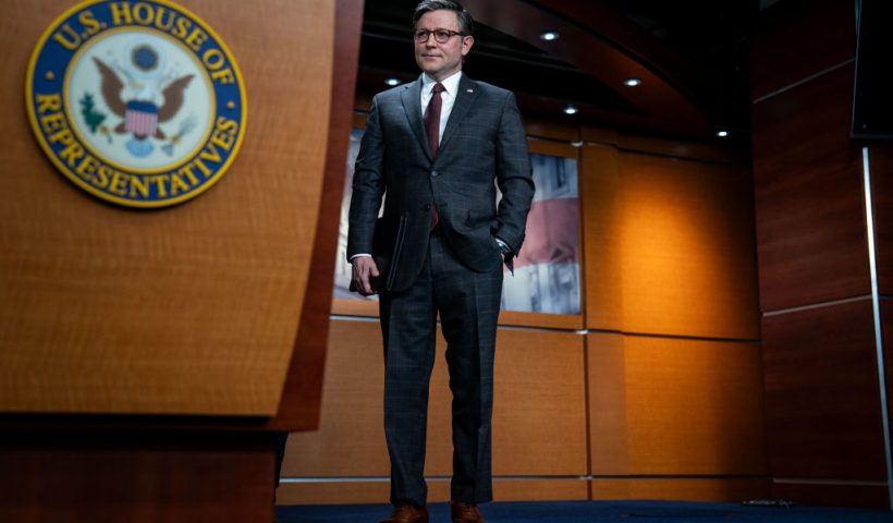 WASHINGTON, DC - JANUARY 17: Speaker of the House Mike Johnson (R-LA) listens during a news conference following the Republican conference meeting at the U.S. Capitol on January 17, 2024 in Washington, DC. Johnson was joined by Rep. Tom Emmer (R-MN), Rep. Elise Stefanik (R-NY) Rep. Michelle Fischbach (R-MN), and Rep. Ashley Hinson (R-IA). (Photo by Kent Nishimura/Getty Images)
