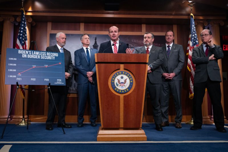 WASHINGTON, DC - JANUARY 24: Sen. Mike Lee (R-UT) speaks during a news conference with Republican Senators about border security issues at the U.S. Capitol January 24, 2024 in Washington, DC. Also pictured, L-R, Sen. Ron Johnson (R-WI), Sen. Roger Marshall (R-KS), Sen. Ted Cruz (R-TX), Sen. Eric Schmitt (R-MO) and Sen. Mike Braun (R-IN). The Republican Senators stated they want more time to review and debate any Senate bill addressing border security reform and Ukraine funding. (Photo by Drew Angerer/Getty Images)