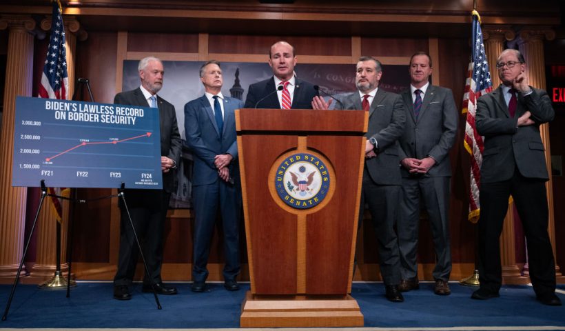 WASHINGTON, DC - JANUARY 24: Sen. Mike Lee (R-UT) speaks during a news conference with Republican Senators about border security issues at the U.S. Capitol January 24, 2024 in Washington, DC. Also pictured, L-R, Sen. Ron Johnson (R-WI), Sen. Roger Marshall (R-KS), Sen. Ted Cruz (R-TX), Sen. Eric Schmitt (R-MO) and Sen. Mike Braun (R-IN). The Republican Senators stated they want more time to review and debate any Senate bill addressing border security reform and Ukraine funding. (Photo by Drew Angerer/Getty Images)