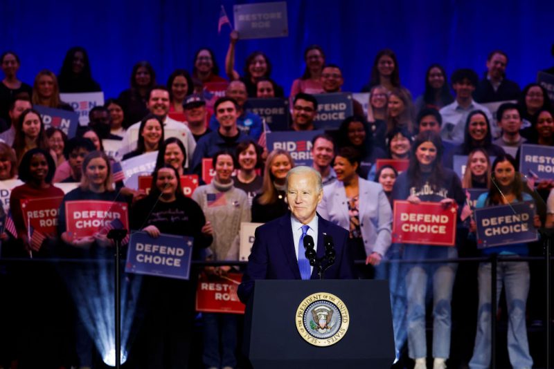 MANASSAS, VIRGINIA - JANUARY 23: U.S. President Joe Biden speaks at a ”Reproductive Freedom Campaign Rally" at George Mason University on January 23, 2024 in Manassas, Virginia. During the first joint rally held by the President and Vice President, Biden and Kamala Harris spoke on what they perceive as a threat to reproductive rights. (Photo by Anna Moneymaker/Getty Images)