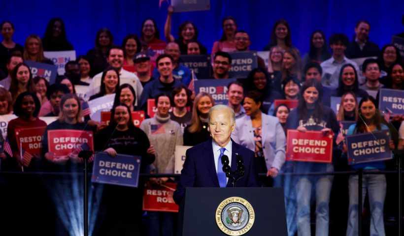 MANASSAS, VIRGINIA - JANUARY 23: U.S. President Joe Biden speaks at a ”Reproductive Freedom Campaign Rally" at George Mason University on January 23, 2024 in Manassas, Virginia. During the first joint rally held by the President and Vice President, Biden and Kamala Harris spoke on what they perceive as a threat to reproductive rights. (Photo by Anna Moneymaker/Getty Images)