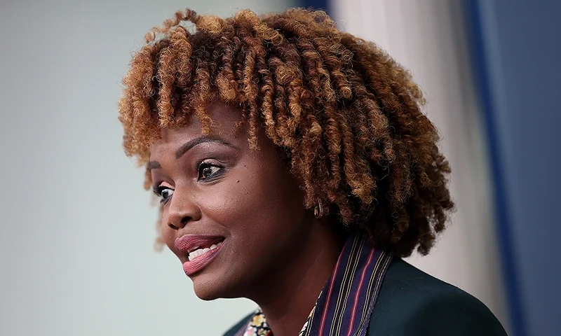 WASHINGTON, DC - JANUARY 26: White House Press Secretary Karine Jean-Pierre speaks at the daily press briefing at the White House on January 26, 2024 in Washington, DC. Jean-Pierre spoke on the ongoing Israel-Hamas war and the Biden Administration's temporary pause on pending decisions of Liquefied Natural Gas exports. (Photo by Kevin Dietsch/Getty Images)