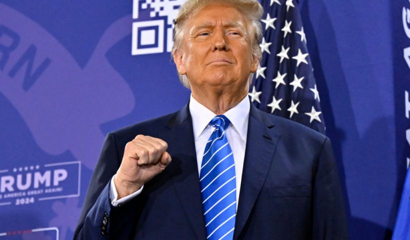 LAS VEGAS, NEVADA - JANUARY 27: Republican presidential candidate and former U.S. President Donald Trump stands on stage during a campaign event at Big League Dreams Las Vegas on January 27, 2024 in Las Vegas, Nevada. Trump is campaigning in Nevada ahead of the state’s Republican presidential caucuses on February 8. (Photo by David Becker/Getty Images)