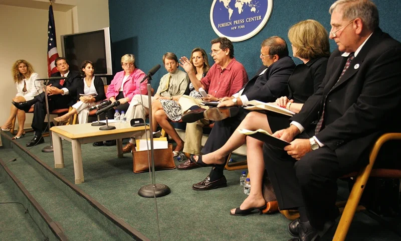 New York, UNITED STATES: Leaders of 9/11 family and survivor organizations speak 03 August 2006 at the Foreign Press Center in New York about the upcoming fifth anniversary of the 11 September 2001 terrorist attacks. Nearly 3,000 people perished in the series of coordinated attacks on US soil when 19 men affiliated with the militant Muslim fundamentalist group Al-Qaeda hijacked four commercial passenger jet airliners. Two of the planes crashed into the Twin Towers of the World Trade Center in New York, both of which collapsed within two hours. The third team crashed their jetliner into the Pentagon in Washington, DC, while passengers and members of the flight crew on the fourth hijacked aircraft attempted to retake control of their plane from the hijackers, which then crashed into a field in rural Somerset County, Pennsylvania. There are 71,000 people enrolled in the World Trade Center Health Registry, a comprehensive and confidential health survey of those most directly exposed to the events of the 9/11 attacks. AFP PHOTO/DON EMMERT (Photo credit should read DON EMMERT/AFP via Getty Images)