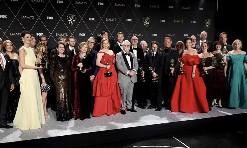 Kieran Culkin, Bryan Cox, Sarah Snook, Nicholas Braun, Alan Ruck and cast members from "Succesion" pose together with awards, at the 75th Primetime Emmy Awards in Los Angeles, California, U.S., January 15, 2024. REUTERS/Aude Guerrucci