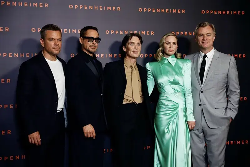 Director Christopher Nolan, cast members Matt Damon, Robert Downey Jr., Cillian Murphy and Emily Blunt pose during a photocall before the premiere of the film "Oppenheimer" at the Grand Rex in Paris, France, July 11, 2023. REUTERS/Sarah Meyssonnier/File Photo