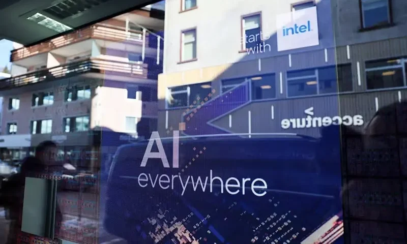 A slogan related to Artificial Intelligence (AI) is displayed on a screen in Intel pavilion, during the 54th annual meeting of the World Economic Forum in Davos, Switzerland, January 16, 2024. REUTERS/Denis Balibouse
