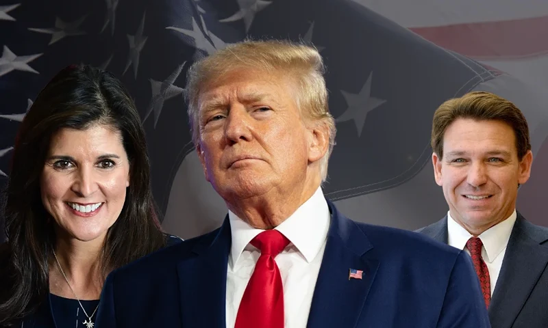 Haley: (Photo by Mark Makela/Getty Images) Trump: (Photo by Brandon Bell/Getty Images) DeSantis: (Photo by KIMIMASA MAYAMA/POOL/AFP via Getty Images)