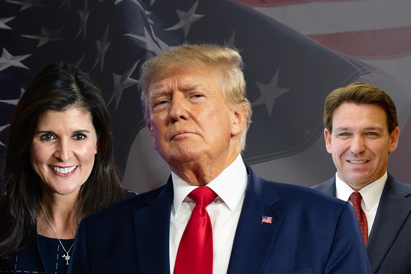 Haley: (Photo by Mark Makela/Getty Images) Trump: (Photo by Brandon Bell/Getty Images) DeSantis: (Photo by KIMIMASA MAYAMA/POOL/AFP via Getty Images)
