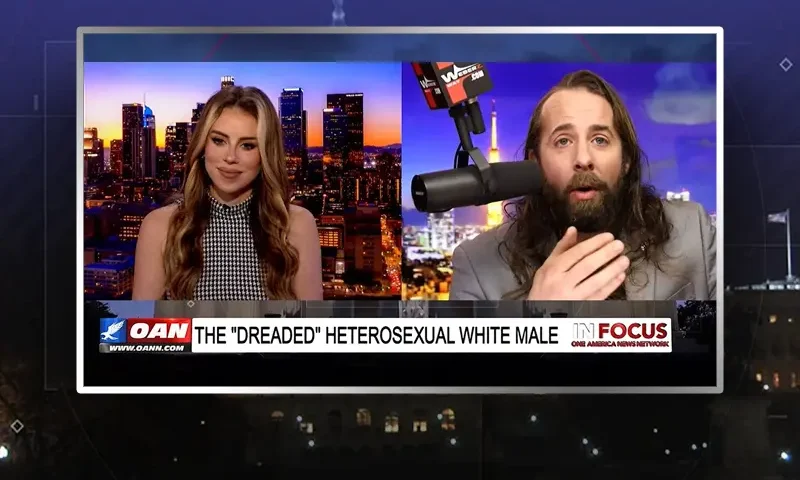 Video still from In Focus on One America News Network showing a split screen of the host on the left side, and on the right side is the guest, Jess Weber.