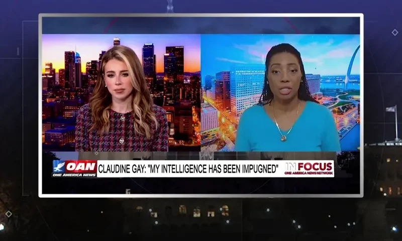 Video still from In Focus on One America News Network showing a split screen of the host on the left side, and on the right side is the guest, Rep. Andy Biggs.