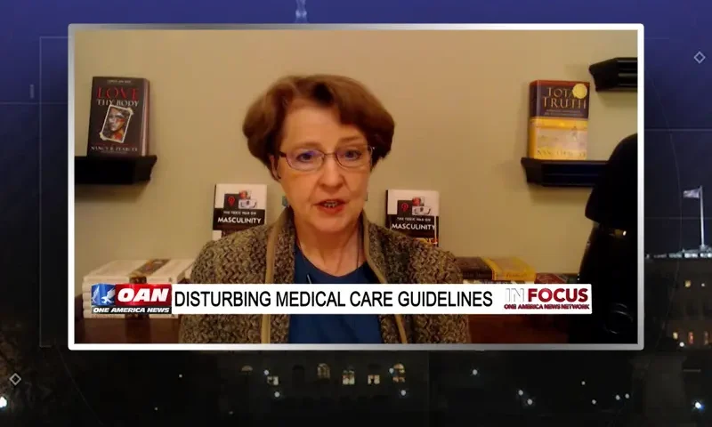 Video still from In Focus on One America News Network during an interview with the guest, Professor Nancy Pearcey.
