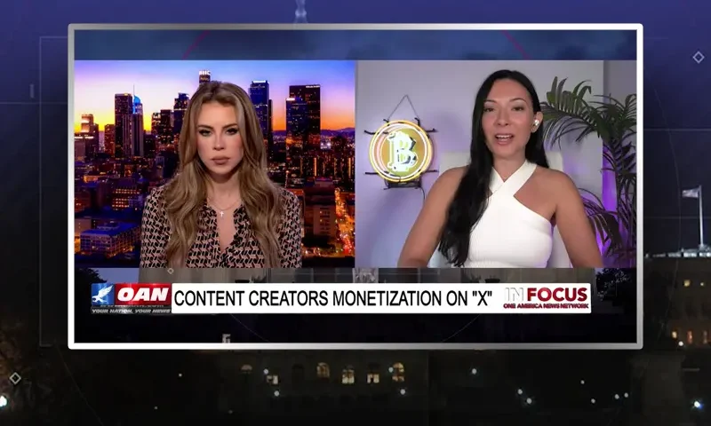 Video still from In Focus on One America News Network showing a split screen of the host on the left side, and on the right side is the guest, Layah Heilpern.