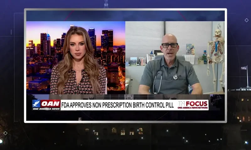 Video still from In Focus on One America News Network showing a split screen of the host on the left side, and on the right side is the guest, Dr. Jeff Barke.
