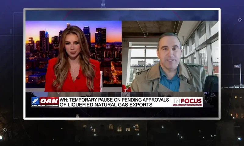 Video still from In Focus on One America News Network showing a split screen of the host on the left side, and on the right side is the guest, Marc Morano.