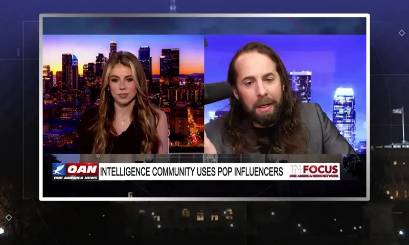 Video still from In Focus on One America News Network showing a split screen of the host on the left side, and on the right side is the guest, Jess Weber.