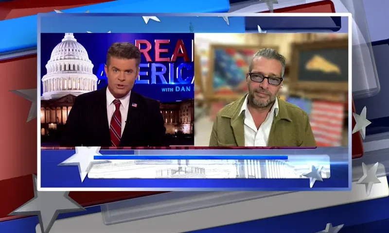 Video still from Real America on One America News Network showing a split screen of the host on the left side, and on the right side is the guest, Scott LoBaido.