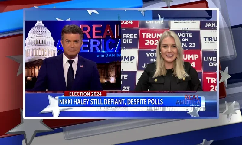 Video still from Real America on One America News Network showing a split screen of the host on the left side, and on the right side is the guest, Karoline Leavitt.