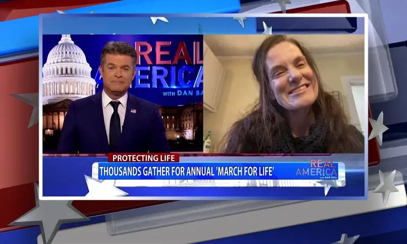 Video still from Real America on One America News Network showing a split screen of the host on the left side, and on the right side is the guest, Gianna Jessen.