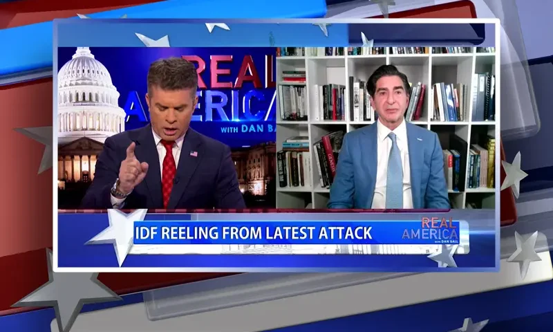 Video still from Real America on One America News Network showing a split screen of the host on the left side, and on the right side is the guest, Harley Lippman.