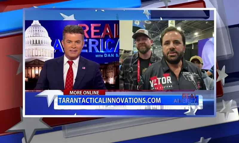 Video still from Real America on One America News Network showing a split screen of the host on the left side, and on the right side is the guest, Taran Butler.