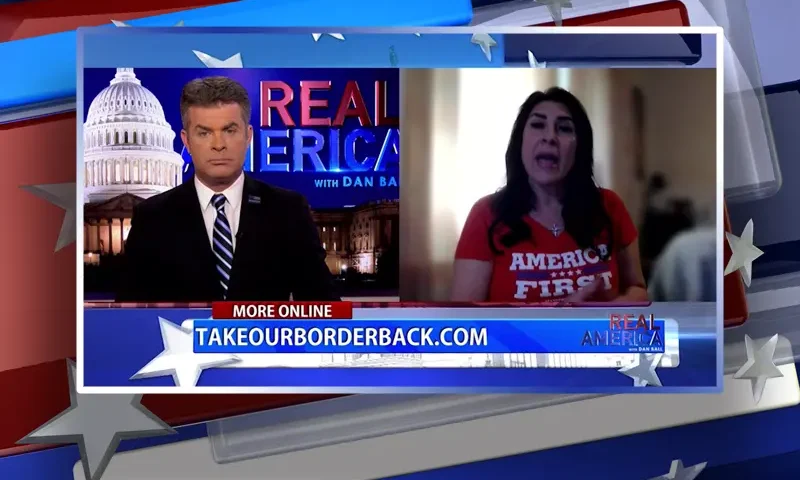 Video still from Real America on One America News Network showing a split screen of the host on the left side, and on the right side is the guest, Noel.