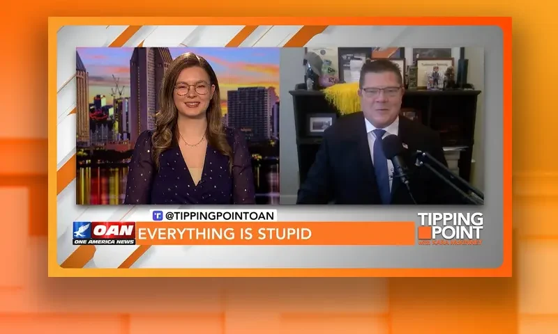 Video still from Tipping Point on One America News Network showing a split screen of the host on the left side, and on the right side is the guest, Jim Nelles.