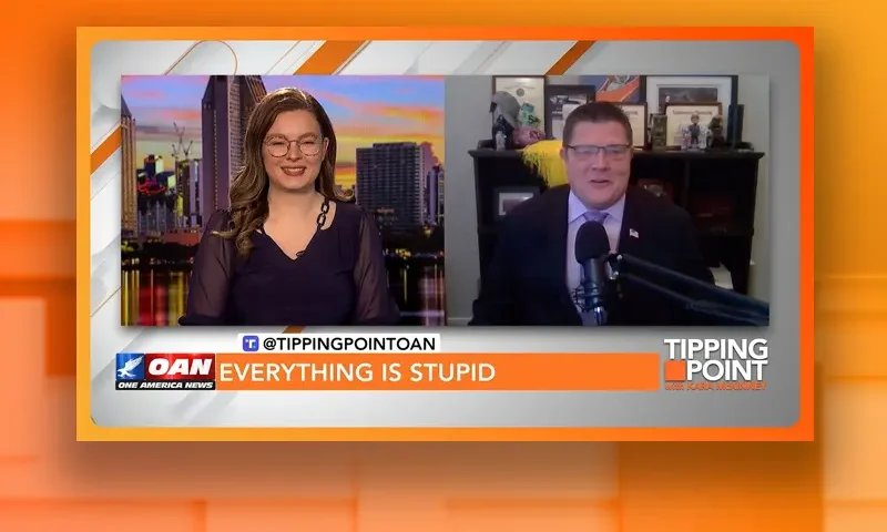Video still from Tipping Point on One America News Network showing a split screen of the host on the left side, and on the right side is the guest, Jim Nelles.