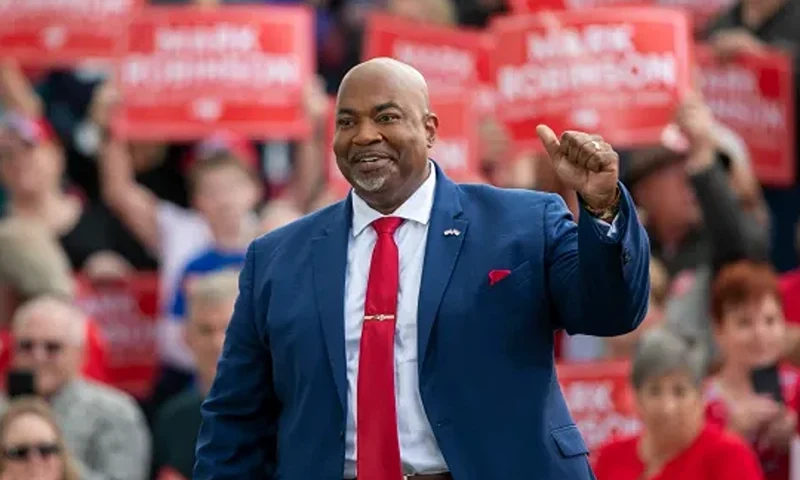 North Carolina Lt. Gov. Mark Robinson arrives for a rally where he announced his candidacy for governor, Saturday, April 22, 2023, at Ace Speedway in Elon, N.C. (Robert Willett/The News & Observer via AP)