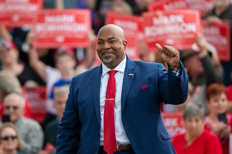 North Carolina Lt. Gov. Mark Robinson arrives for a rally where he announced his candidacy for governor, Saturday, April 22, 2023, at Ace Speedway in Elon, N.C. (Robert Willett/The News & Observer via AP)