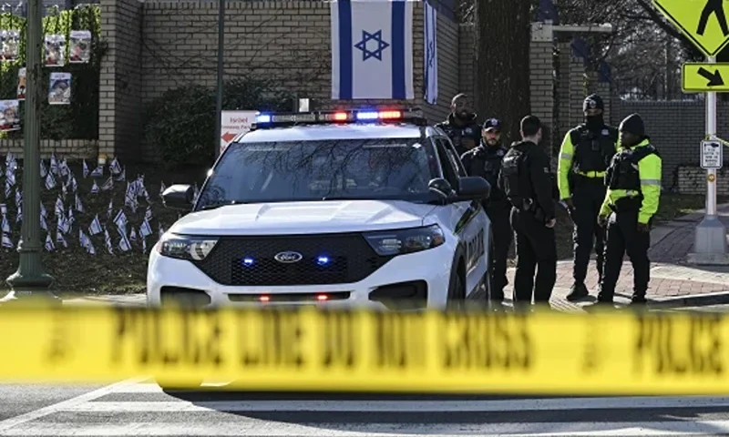 Police officers outside the Israeli Embassy in Washington on Feb. 25, 2024. Celal Gunes / Anadolu via Getty Images