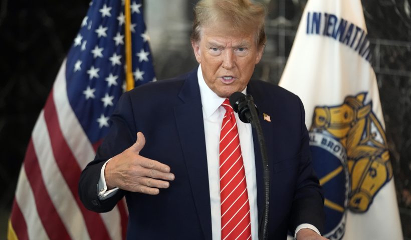 Republican presidential candidate former President Donald Trump speaks after meeting with members of the International Brotherhood of Teamsters at their headquarters in Washington, Wednesday, Jan. 31, 2024. (AP Photo/Andrew Harnik)