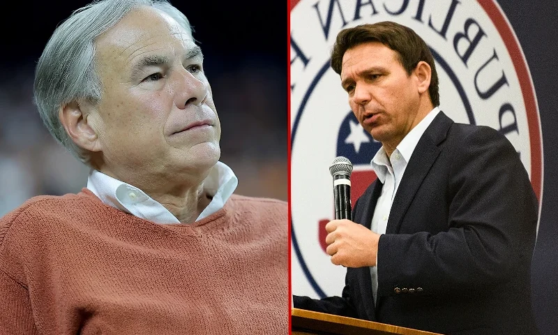 (L)NEW ORLEANS, LOUISIANA - JANUARY 01: Governor of Texas, Greg Abbott, is seen in attendance during the CFP Semifinal Allstate Sugar Bowl between the Texas Longhorns and the Washington Huskies at Caesars Superdome on January 01, 2024 in New Orleans, Louisiana. (Photo by Jonathan Bachman/Getty Images)/ (R)CEDAR RAPIDS, IOWA - MAY 13: Florida Gov. Ron DeSantis speaks during an Iowa GOP reception on May 13, 2023 in Cedar Rapids, Iowa. Although he has not yet announced his candidacy, Gov. DeSantis has received the endorsement of 37 Iowa lawmakers for the Republican presidential nomination next year. (Photo by Stephen Maturen/Getty Images)