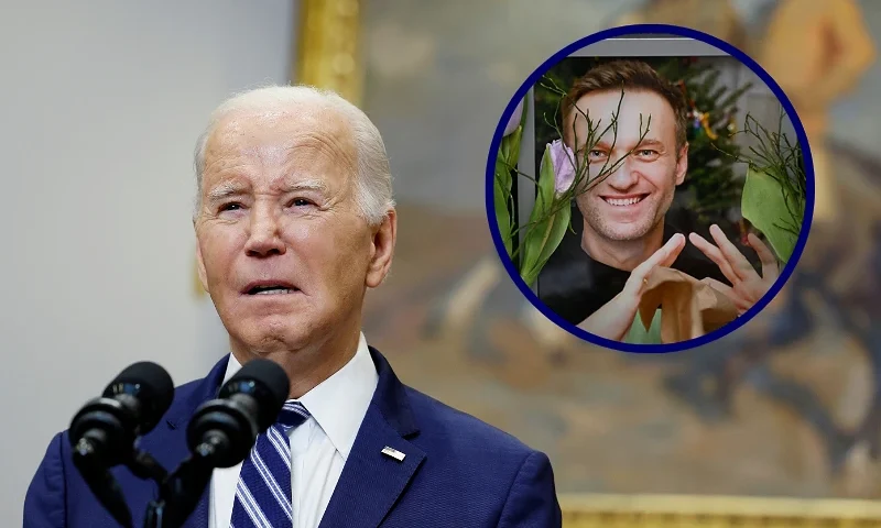 (L)WASHINGTON, DC - FEBRUARY 16: U.S. President Joe Biden delivers remarks on the reported death of Alexei Navalny from the Roosevelt Room of the White House on February 16, 2024 in Washington, DC. Navalny, an anticorruption activist and critic of Russian President Vladimir V. Putin was reported by Russia’s Federal Penitentiary Service to have died in a prison he was recently transferred to in the Arctic Circle. (Photo by Anna Moneymaker/Getty Images)/ (R) Flowers are seen placed around portraits of late Russian opposition leader Alexei Navalny, who died in a Russian Arctic prison, at a makeshift memorial in front of the former Russian consulate in Frankfurt am Main, western Germany, on February 20, 2024. Navalny's widow Yulia Navalnaya accused Russian President Putin of killing her husband and vowed to continue Navalny's work. (Photo by AFP) (Photo by -/AFP via Getty Images)