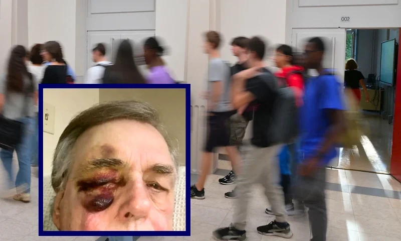 (L)Rob Gooding, a teacher from Indianapolis, was allegedly beaten by a student | Photo: News 8 / (R)Students head to their classroom at Victor-Duruy high school on the first day of new academic year in Paris on September 4, 2023. Twelve million students go back to school in France on September 4, 2023. (Photo by Miguel MEDINA / AFP) (Photo by MIGUEL MEDINA/AFP via Getty Images)
