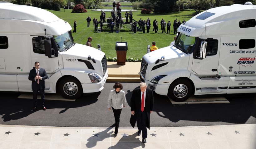 WASHINGTON, DC - APRIL 16: U.S. President Donald Trump and Secretary of Transportation Elaine Chao leave after an event “celebrating America’s Truckers” at the South Lawn of the White House April 16, 2020 in Washington, DC. President Trump honored American truckers for their efforts to move food and supplies around the country during the COVID-19 pandemic. (Photo by Alex Wong/Getty Images)