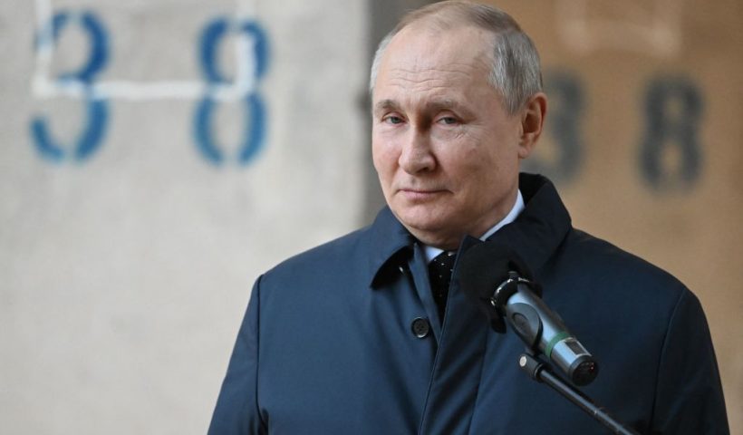 TOPSHOT - Russian President Vladimir Putin visits the National Space Centre construction site in Moscow on February 27, 2022. (Photo by Sergei GUNEYEV / SPUTNIK / AFP) (Photo by SERGEI GUNEYEV/SPUTNIK/AFP via Getty Images)