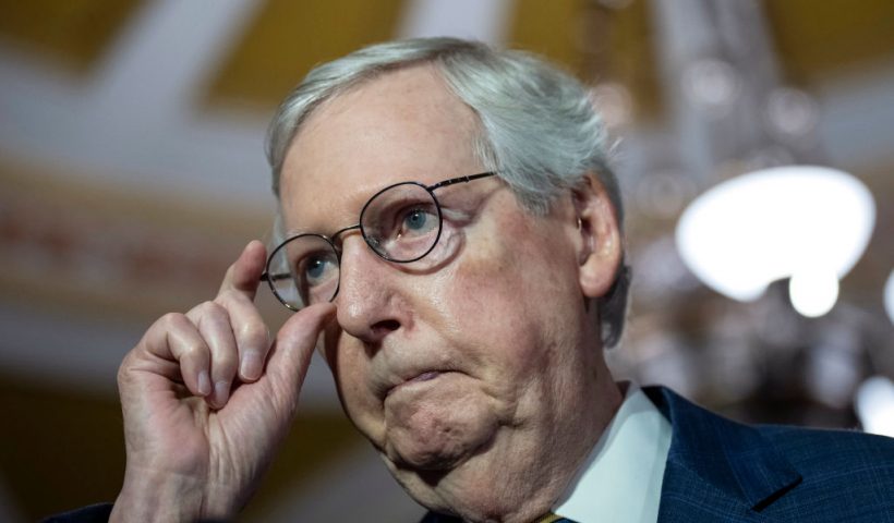 WASHINGTON, DC - MARCH 7: Senate Minority Leader Mitch McConnell (R-KY) speaks during a news conference at the U.S. Capitol on March 7, 2023 in Washington, DC. McConnell spoke on a range of issues after a closed-door lunch meeting with Senate Republicans. (Photo by Drew Angerer/Getty Images)