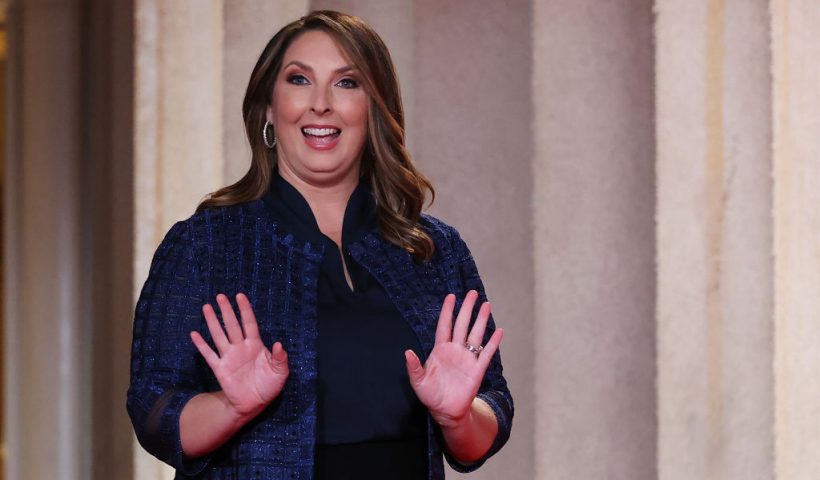 WASHINGTON, DC - AUGUST 24: Chair of the Republican National Committee Ronna McDaniel stands on stage in an empty Mellon Auditorium while addressing the Republican National Convention at the Mellon Auditorium on August 24, 2020 in Washington, DC. The novel coronavirus pandemic has forced the Republican Party to move away from an in-person convention to a televised format, similar to the Democratic Party's convention a week earlier. (Photo by Chip Somodevilla/Getty Images)