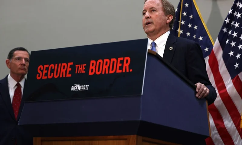 WASHINGTON, DC - MAY 12: Texas Attorney General Ken Paxton speaks at a news conference on the U.S. Southern Border and President Joe Biden’s immigration policies, in the Hart Senate Office Building on May 12, 2021 in Washington, DC. Homeland Security Secretary Alejandro Mayorkas will testify on May 13 before the Senate Homeland Security and Governmental Affairs Committee on the DHS treatment of unaccompanied minors at the U.S. Southern border. (Photo by Anna Moneymaker/Getty Images)