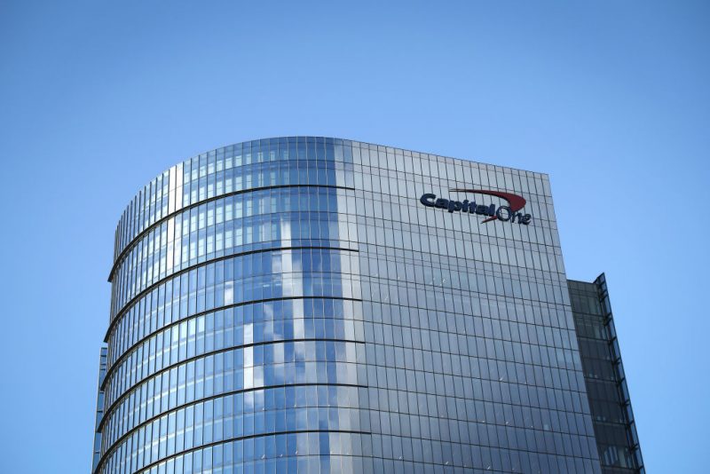 MCLEAN, VIRGINIA - JANUARY 20: The logo for consumer lending firm Capital One Financial Corp is seen on its headquarters on January 20, 2023 in McLean, Virginia. The company has reportedly eliminated up to 1,100 technology positions this week as its digital structure matures. (Photo by Win McNamee/Getty Images)