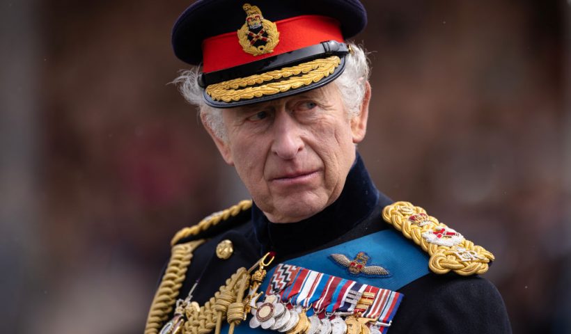 CAMBERLEY, ENGLAND - APRIL 14: King Charles III inspects the 200th Sovereign's parade at Royal Military Academy Sandhurst on April 14, 2023 in Camberley, England. The parade marks the end of 44 weeks of training for 171 Officer Cadets. It is the first time King Charles III has inspected Sovereign's Parade at Sandhurst since becoming Monarch. (Photo by Dan Kitwood/Getty Images)