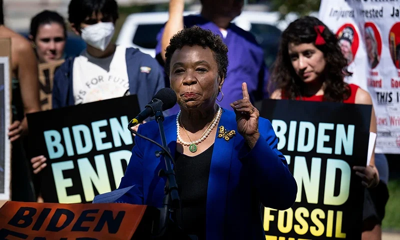 Rep. Barbara Lee (D-CA) speaks during a rally to urge President Biden to use his executive powers to stop approving fossil fuel projects, phase out fossil fuels on federal lands and waters, and declare a climate emergency, on Capitol Hill in Washington, DC, on September 14, 2023. (Photo by Brendan Smialowski / AFP) (Photo by BRENDAN SMIALOWSKI/AFP via Getty Images)