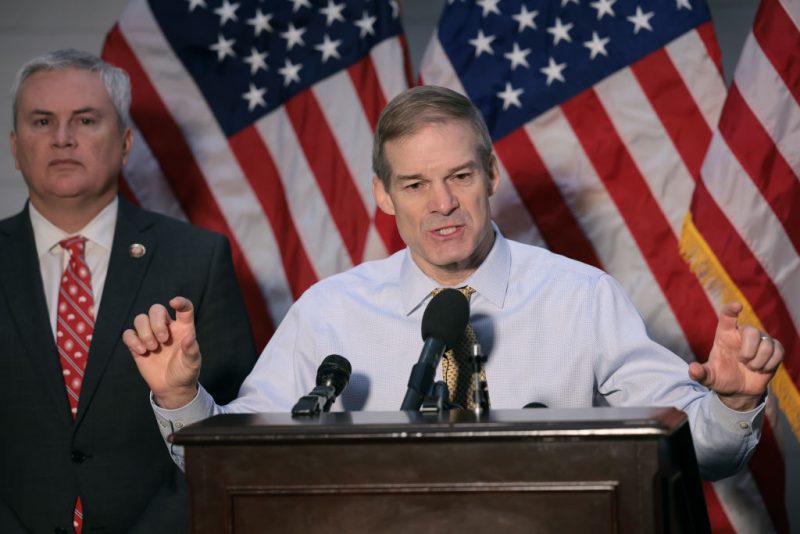 WASHINGTON, DC - DECEMBER 05: House Judiciary Committee Chairman Jim Jordan (R-OH) (R) and House Oversight Committee Chairman James Comer (R-KY) hold a news conference in the Longworth House Office Building on Capitol Hill on December 5, 2023 in Washington, DC. The Ways and Means Committee is set to hear testimony from Internal Revenue whistleblowers Service Supervisory Special Agent Gary Shapley and IRS Criminal Investigator Joseph Ziegler, who both claim they were blocked from pursuing leads that would lead to more serious charges during their five-year investigation into Hunter Biden, President Joe Biden's son. (Photo by Win McNamee/Getty Images)