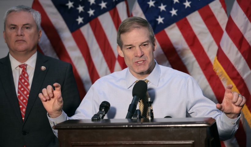 WASHINGTON, DC - DECEMBER 05: House Judiciary Committee Chairman Jim Jordan (R-OH) (R) and House Oversight Committee Chairman James Comer (R-KY) hold a news conference in the Longworth House Office Building on Capitol Hill on December 5, 2023 in Washington, DC. The Ways and Means Committee is set to hear testimony from Internal Revenue whistleblowers Service Supervisory Special Agent Gary Shapley and IRS Criminal Investigator Joseph Ziegler, who both claim they were blocked from pursuing leads that would lead to more serious charges during their five-year investigation into Hunter Biden, President Joe Biden's son. (Photo by Win McNamee/Getty Images)