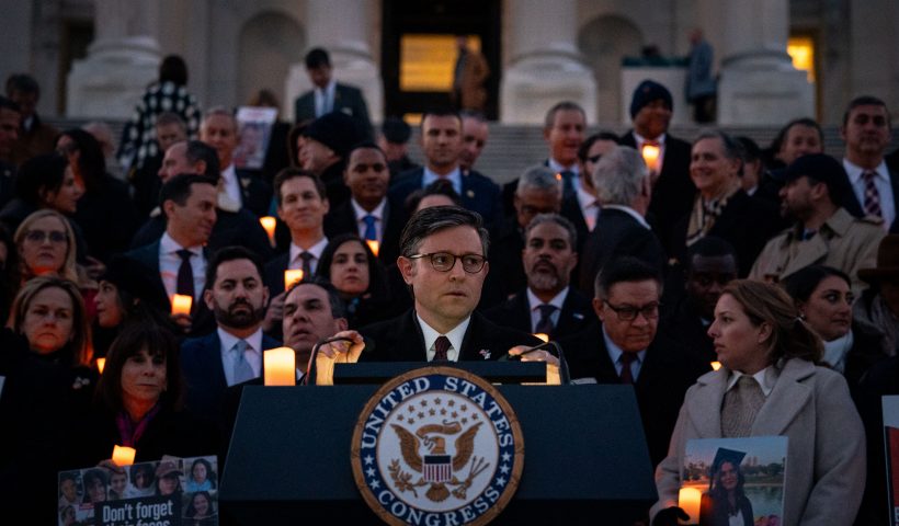 WASHINGTON, DC - JANUARY 17: Speaker of the House Mike Johnson (R-LA) delivers remarks at the base of the steps of the House of the Representatives for a candlelight vigil on January 17, 2024 in Washington, DC. The families of the hostages held by Hamas have gathered in a vigil that has now reached over 100 days since the attack by Hamas on Israel. (Photo by Kent Nishimura/Getty Images)