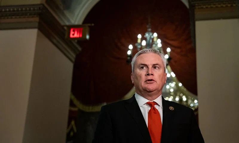 WASHINGTON, DC - JANUARY 18: Rep. James Comer (R-KY) prepares for a television interview the U.S. Capitol on January 18, 2024 in Washington, DC. Congress has passed a stop gap bill to fund the federal government through early March and avert a partial government shutdown. (Photo by Kent Nishimura/Getty Images)