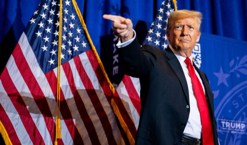 ATKINSON, NEW HAMPSHIRE - JANUARY 16: Republican presidential candidate, former U.S. President Donald Trump points to supporters at the conclusion of a campaign rally at the Atkinson Country Club on January 16, 2024 in Atkinson, New Hampshire. Trump won this week's Iowa caucus, solidifying him as the lead Republican nominee in the first balloting of 2024. The former U.S. President heads to Atkinson, New Hampshire today as he continues campaigning during the primary election. (Photo by Brandon Bell/Getty Images)