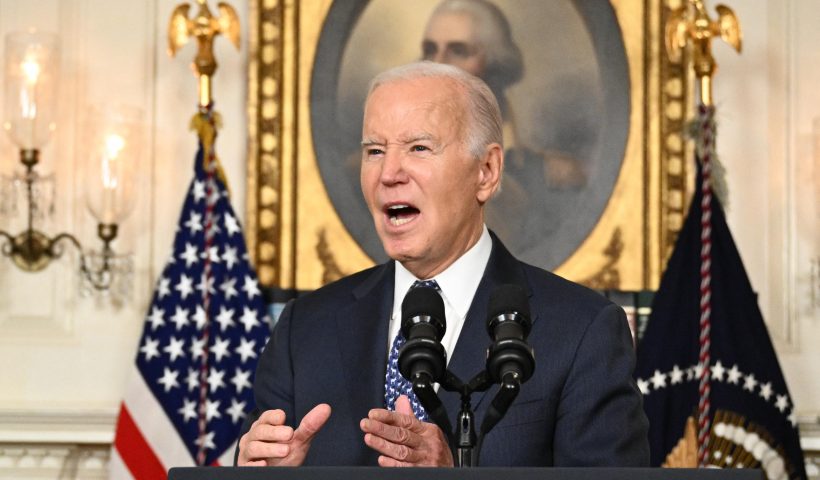 TOPSHOT - US President Joe Biden answers questions about Israel after speaking about the Special Counsel report in the Diplomatic Reception Room of the White House in Washington, DC, on February 8, 2024 in a surprise last-minute addition to his schedule for the day. A long-awaited report cleared President Joe Biden of any wrongdoing in his mishandling of classified documents February 8, but dropped a political bombshell by painting the Democrat as a "well-meaning, elderly man with a poor memory." The report removed a legal cloud hanging over Biden as he seeks reelection in a contest expected to be against Donald Trump -- who is facing a criminal trial for removing large amounts of secret documents after he lost the White House, then refusing to cooperate with investigators. (Photo by Mandel NGAN / AFP) (Photo by MANDEL NGAN/AFP via Getty Images)